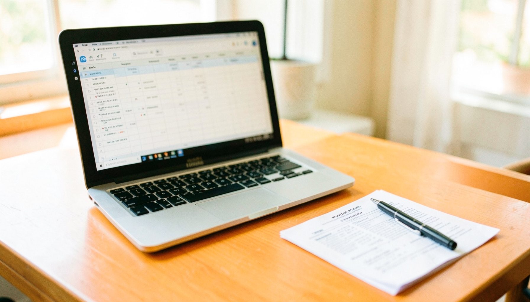A bright office desk with a laptop displaying a spreadsheet, alongside a printed mutual fund statement and a pen, in soft natural daylight.