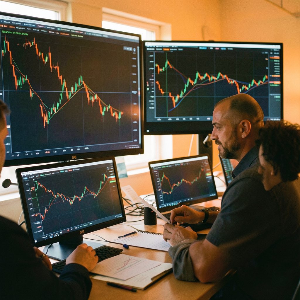 A desk with stock market charts and a notebook, soft daylight from a window, muted blues and warm paper tones.